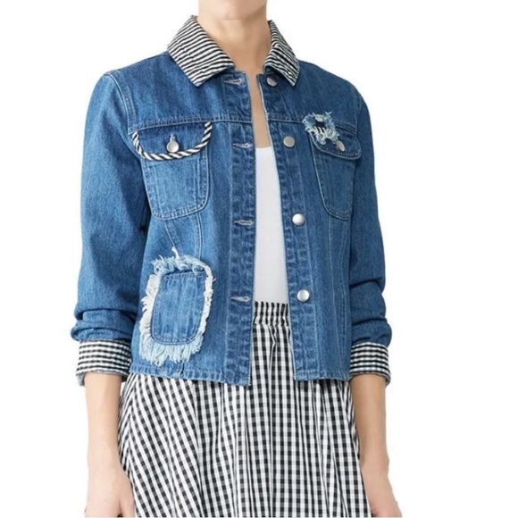 Samantha Sipos Jacket Women’s XL Embroidered Girls Denim Blue Plaid Distressed - Picture 2 of 5
